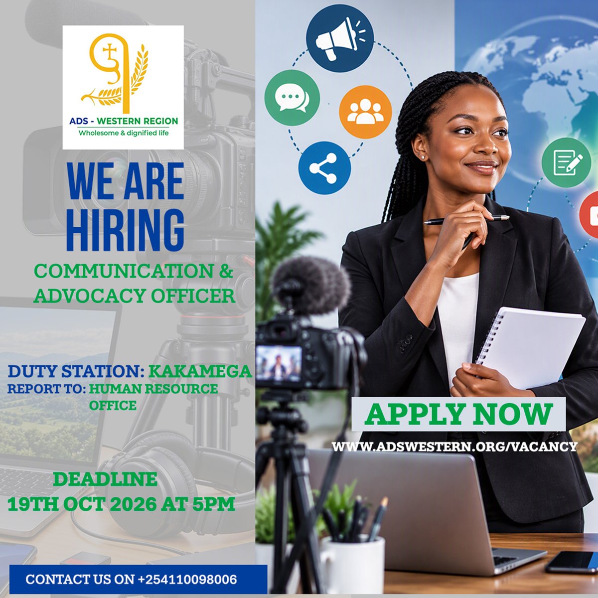 ADSWesternR's tweet photo. ADSW is seeking to recruit Communication and Advocacy Officer to strengthen the organization's communication, advocacy, visibility.
Based at the regional office in Kakamega County.
Click here to apply:
 https://t.co/aCkAGJ6GJL
#adswestern https://t.co/4vaX3vmXqo