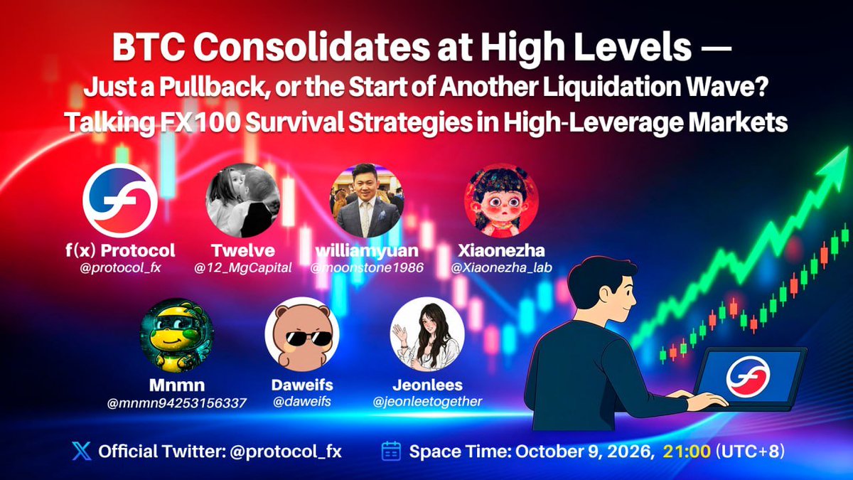 protocol_fx's tweet photo. f(x) Protocol Fireside Chat (Chinese)

BTC is coiling at the highs, and leverage is stacking up on both sides. Someone's getting wiped.

Healthy pullback, or the start of the next liquidation cascade?

We're breaking down where BTC goes from here, and how to stay alive at 100× with FX100's 15-minute liquidation protection.

📅 Date: October 9th (Friday) | 9:00 PM UTC+8

🎙 Host: @12_MgCapital 

🗣 Speakers: @moonstone1986 @Xiaonezha_lab @mnmn94253156337 @daweifs @jeonleetogether 
Volatility doesn't reward the boldest trader. It rewards the one still standing.

Set your reminder 👇