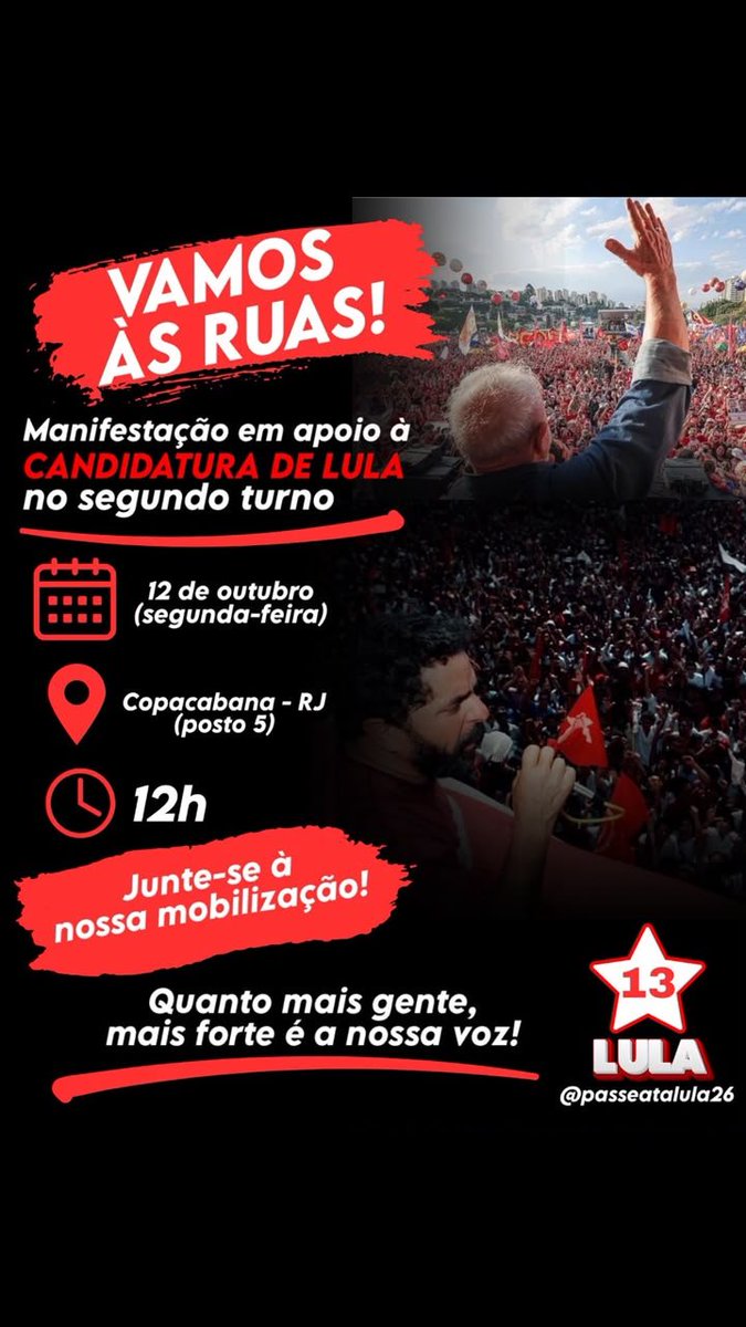 passeatalula26's tweet photo. @Rembodinho *VEM PRA RUA 📢*

Dia 12 de outubro, feriado de Nossa Senhora Aparecida, foi a data escolhida para comparecermos em peso às ruas do Rio de Janeiro.

*Local: Praia de Copacabana - posto 5*
*Horário: 12h*
https://t.co/BqZjSLyEjS https://t.co/K0q0A2RSfJ