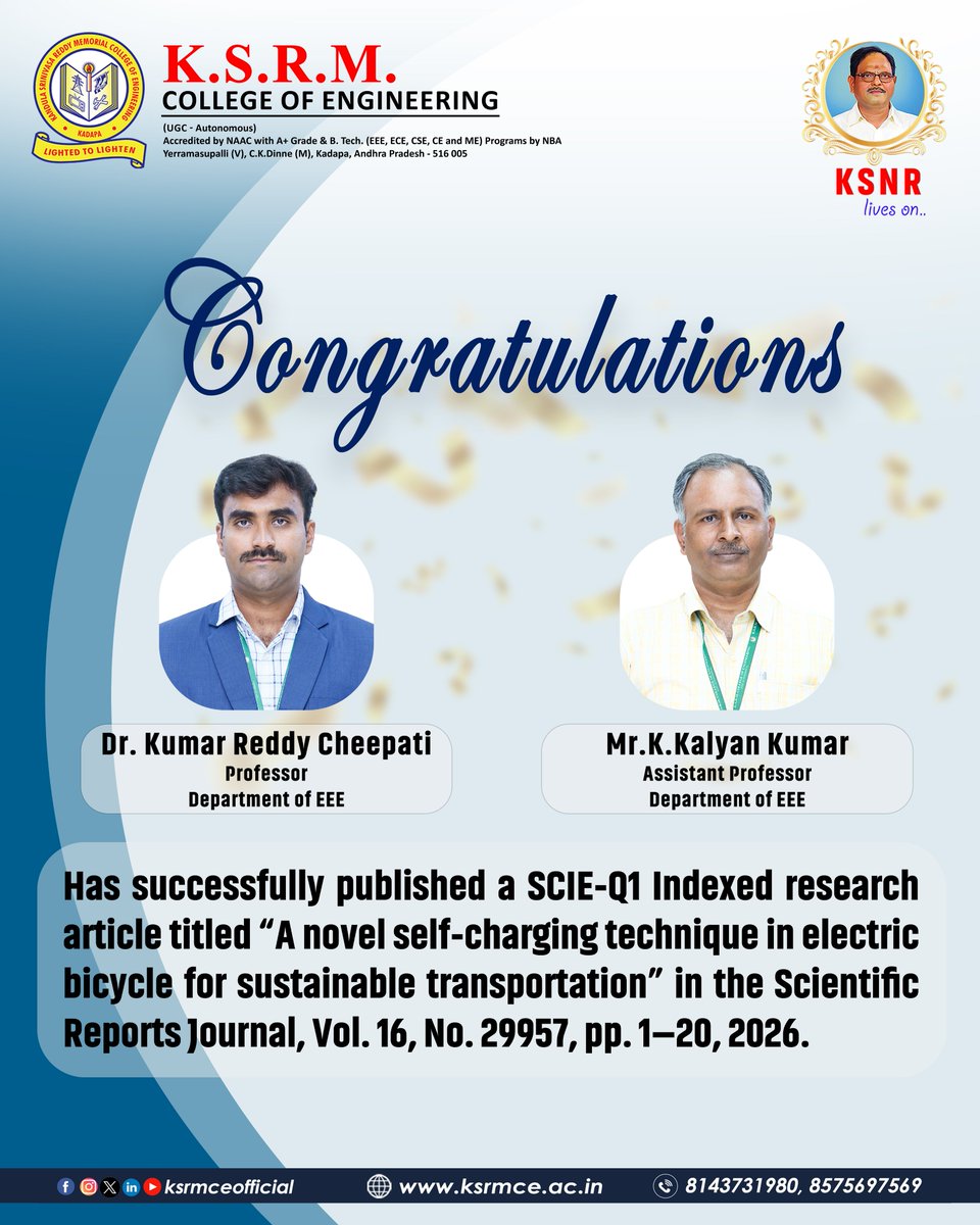 ksrmceofficial's tweet photo. Congratulations !!
#KSRMCE #EEE #Publication #SCIE #article #Selfcharging #technique #electric #bicycle #sustainable #transportation #scientific #innovation #Congratulations https://t.co/eDmHvcY0MN