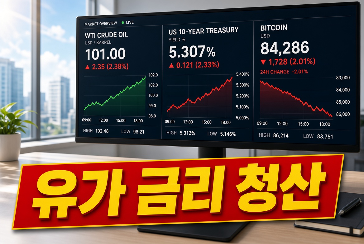 x_research_kr's tweet photo. 디지털 자산이 먼저 무너진 게 아닙니다.
유가와 금리가 먼저 올라갔고, 레버가 뒤를 밟았습니다.

1. 유가입니다.
브렌트가 101달러를 넘었습니다.
유조선 공격과 중동 공급 걱정, 멕시코만 날씨까지 겹쳤습니다.
기름값이 오르면 물가 걱정이 다시 켜집니다.

2. 미국 10년물입니다.
수요일 5.307%.
달러도 같이 단단해졌습니다.
이자 없는 자산은 이 금리 앞에서 뒤로 밀립니다.
연준 의사록은 아직 저녁입니다. 10월 인상 확률은 20.5%로 잡혀 있습니다.

3. 강제청산입니다.
한 시간에 롱 4억 300만 달러가 털렸습니다.
비트코인은 8만 4,286달러 근처, 저점은 8만 3,648달러.
가격이 떨어져서 청산된 게 아니라, 청산이 가격을 더 밀었습니다.

미국 주식도 같은 금리에 눌렸습니다.
코인만의 악재가 아닙니다.