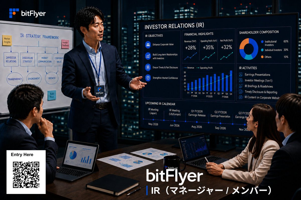 bitFlyer's tweet photo. 【採用情報】

ビットフライヤーでは、IRポジション（マネージャー／メンバー）の採用を強化しています！

投資家やアナリストとのコミュニケーションや、IRに関する情報発信など、幅広い業務に携わっていただくポジションです。

経営陣や社内のさまざまな部署と連携しながら、ビットフライヤーの魅力や取り組みを一緒に発信してくださる方を募集しています。

▼詳細はこちら
https://t.co/TOnDSQeBX9

🏢会社のことをもっと知りたい方はこちら
https://t.co/V5C37Vk9F1