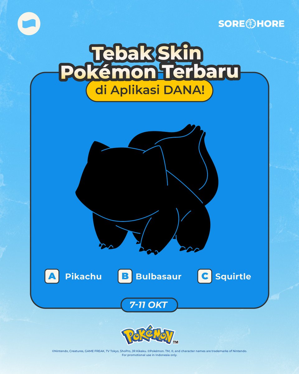 danawallet's tweet photo. Bulan lalu udah Skin Pikachu, sekarang ganti ke yang ijo-ijo ahh~
Skin apa tuh ya? Yuk langsung jawab di komen karena ada HADIAH SALDO DANA yang menanti untuk 20 orang pemenang! Jangan lupa lampirkan screen shot Aplikasi DANA kalian yang udah pakai Skin Bulbasaur yaa https://t.co/I2eMFA9Hrp
