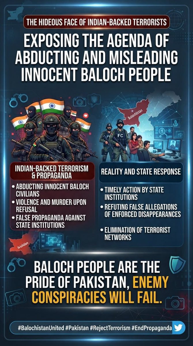 UsmanBuzda43571's tweet photo. Authorities have exposed foreign-backed terrorist networks in Balochistan involved in violence and disinformation. Counter-terrorism efforts continue to protect citizens and uphold the state’s writ.
#Balochistan #CounterTerrorism #Pakistan #RejectPropaganda https://t.co/Sw0l9s1UOf