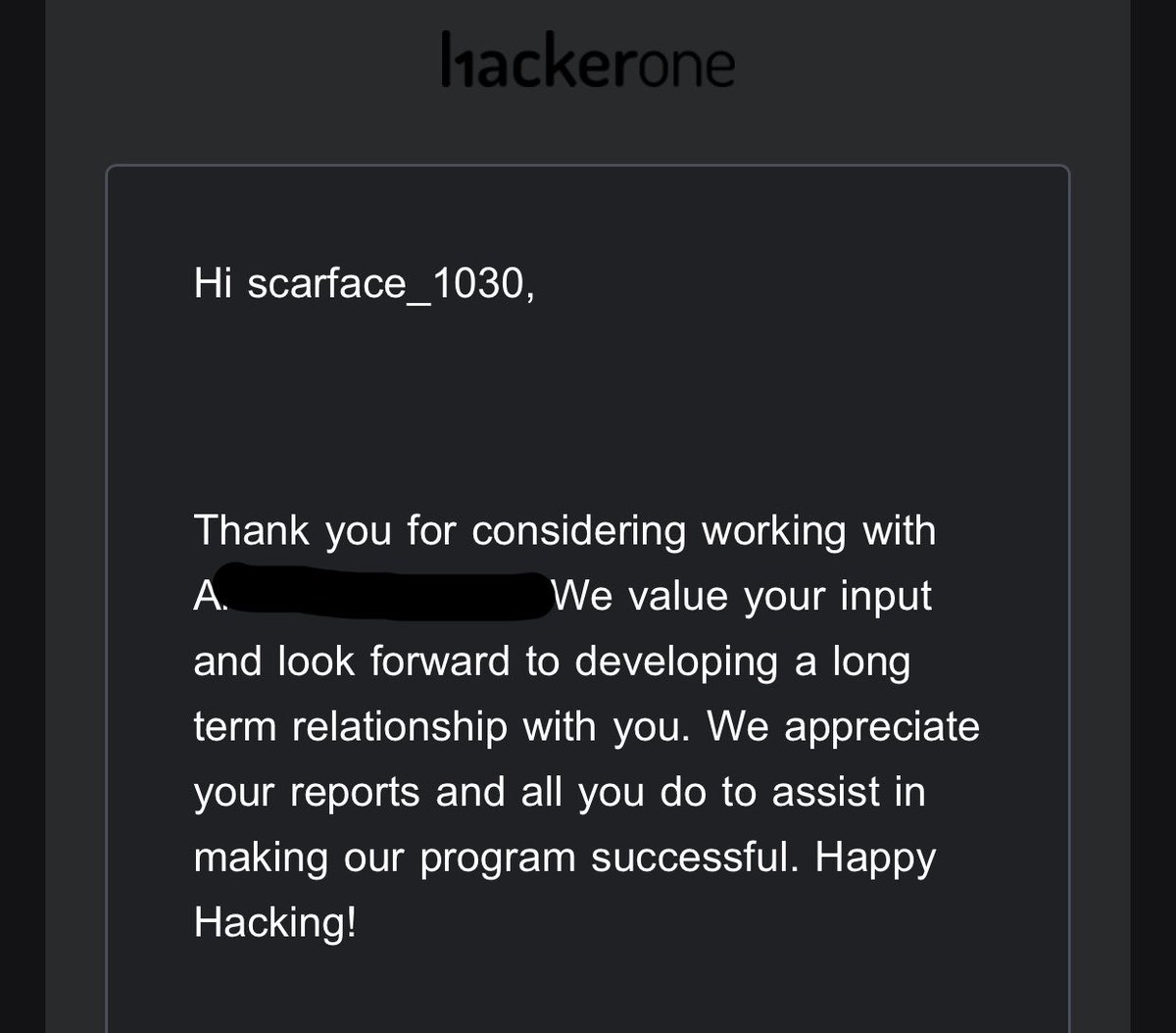 SCAREFACE_1030's tweet photo. They said “long-term relationship.”

That’s the kind of message every hunter wants to receive. 🖤

#bugbounty #bughunter #scarface_1030 #hacking #hacker #cybersecurity #cyberwar https://t.co/EDPK7SExr2