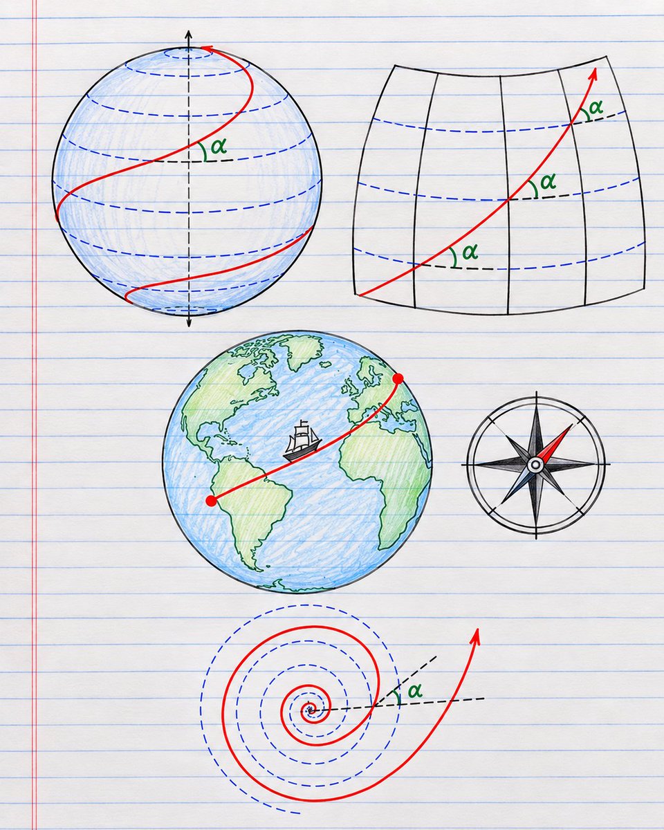 Math_files's tweet photo. A loxodrome is a curve on a sphere that crosses every line of latitude at the same constant angle.

In navigation, it represents a path with a constant compass bearing.

Geometrically, it is the spherical analogue of the logarithmic spiral, which meets concentric circles at a constant angle.