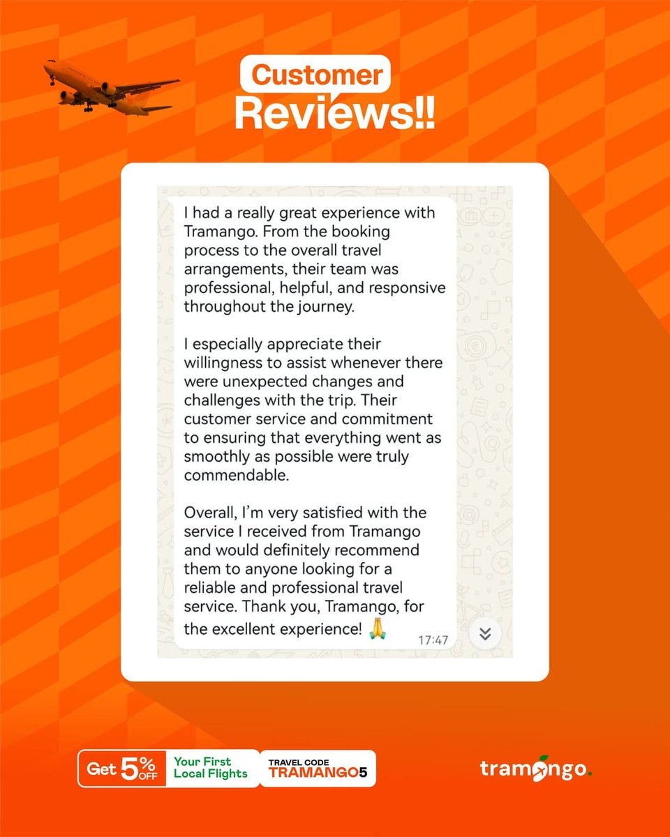 Tramangosocial's tweet photo. This Customer Service Week, feedback like this reminds us why we do what we do. ❤️

From booking to unexpected changes, we’re committed to being there when you need us.

Thank you for trusting Tramango with your journey. ✈️

#CustomerServiceWeek #Travelwithtramango https://t.co/15J6CovAl6