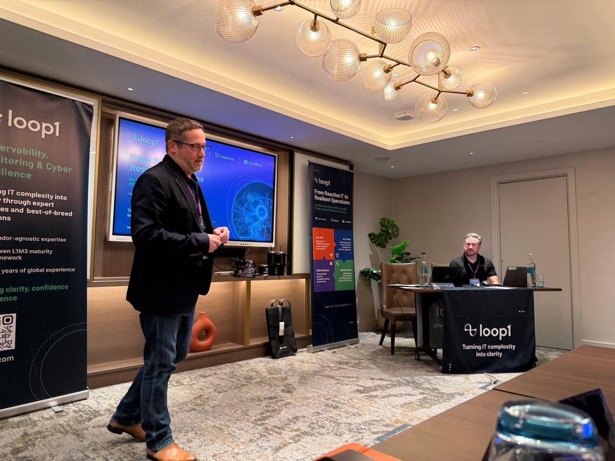 Loop1Global's tweet photo. What a fantastic start to the day in London! We’re bringing our new interactive ORPO workshop to life — Observe, Respond, Protect, Optimize — with a hands-on IT operations scenario. Thanks to everyone joining us and our partners @SolarWinds, @BigPanda &amp; @Nable!

#Loop1 #AIOps https://t.co/pixjo3lytn