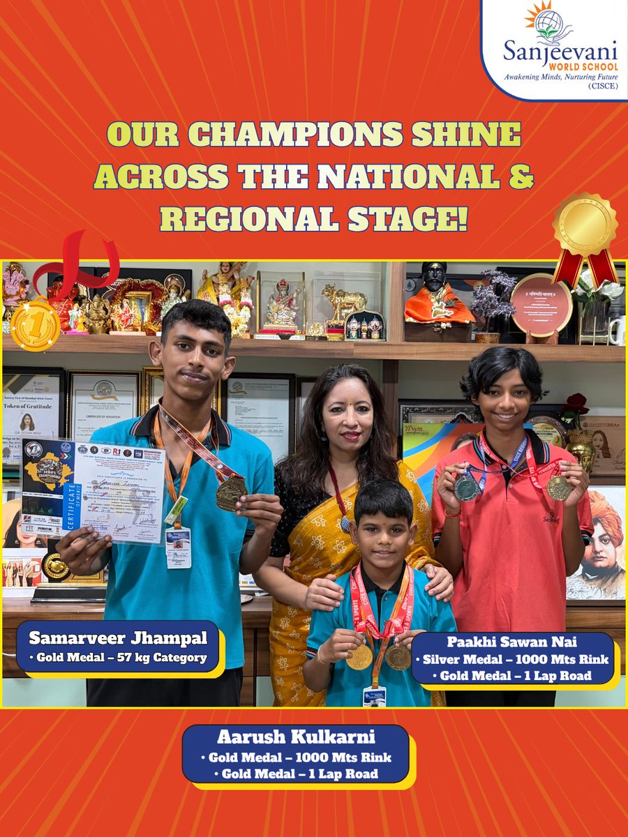 SanjeevaniWorld's tweet photo. A huge congratulations to our young champions Paakhi Sawan Nai, Aarush Kulkarni, and Samarveer Jhampal for their outstanding achievements across regional and national sporting championships! 🥇🥈🥉
#SanjeevaniWorldSchool #SpeedSkating #YoungChampions #SportsExcellence https://t.co/srKCEynSYr