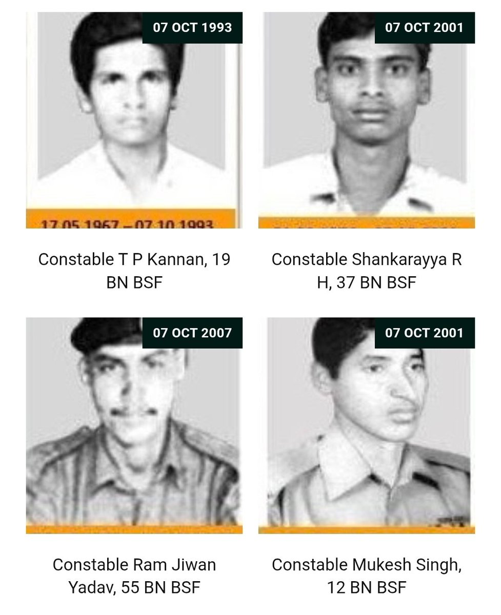 Thehonourpost's tweet photo. 🇮🇳 07 October | @BSF_India Bravehearts

We remember the Bravehearts of the Border Security Force who made the supreme sacrifice in the line of duty on 07 October. 🇮🇳

1. Head Constable M U Kuttappa | 15 Battalion BSF | 07 October 2002.
2. Constable Sukhminder Singh | 136 Battalion BSF | 07 October 2001.
3. Lance Naik M L Naik | 68 Battalion BSF | 07 October 1993.
4. Constable Lal Bahadur Sonar | 98 Battalion BSF | 07 October 1986.
5. Constable Sarwan Kumar | 19 Battalion BSF | 07 October 1993.
6. Constable Dilbagh Singh | 15 Battalion BSF | 07 October 2002.
7. Head Constable Chunni Lal | 68 Battalion BSF | 07 October 1993.
8. Constable Sunil Kamble | 19 Battalion BSF | 07 October 1993.
9. Constable T P Kannan | 19 Battalion BSF | 07 October 1993.
10. Constable Shankarayya R H | 37 Battalion BSF | 07 October 2001.
11. Constable Ram Jiwan Yadav | 55 Battalion BSF | 07 October 2007.
12. Constable Mukesh Singh | 12 Battalion BSF | 07 October 2001.

The Honour Post remembers their service, honours their courage and pays tribute to their supreme sacrifice. 🇮🇳

For detailed profiles, visit: https://t.co/uWIWb5wlTV