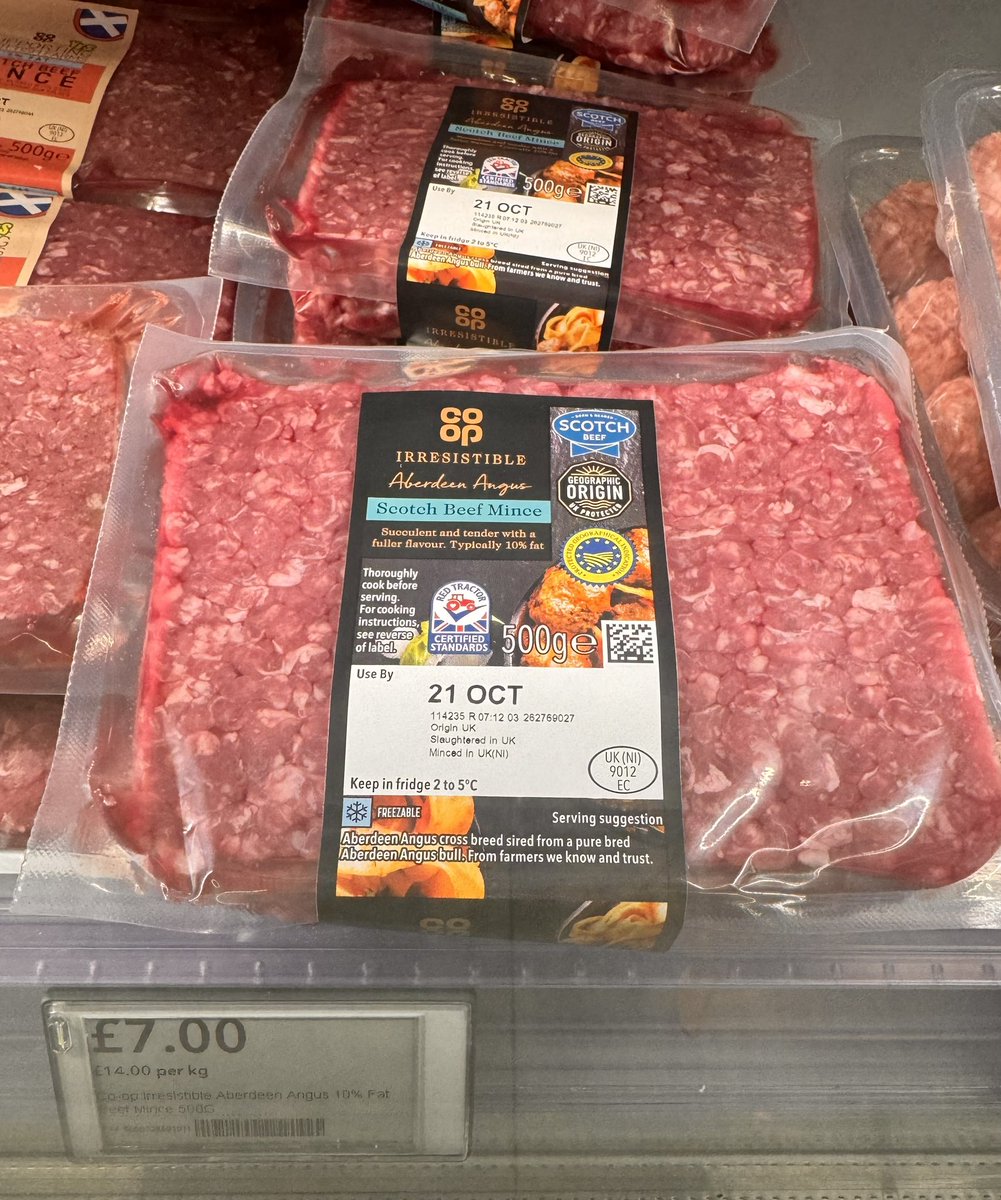 JamesMelville's tweet photo. Spotted this in the Co-op fridge: Aberdeen Angus Scotch Beef Mince, 500g, £7.00 - that’s £14 a kilo. The average rise in supermarket beef mince is at 29% over the previous 12 months. Standard meals like spaghetti bolognaise, cottage pie and chilli are turning into expensive treats for many households.