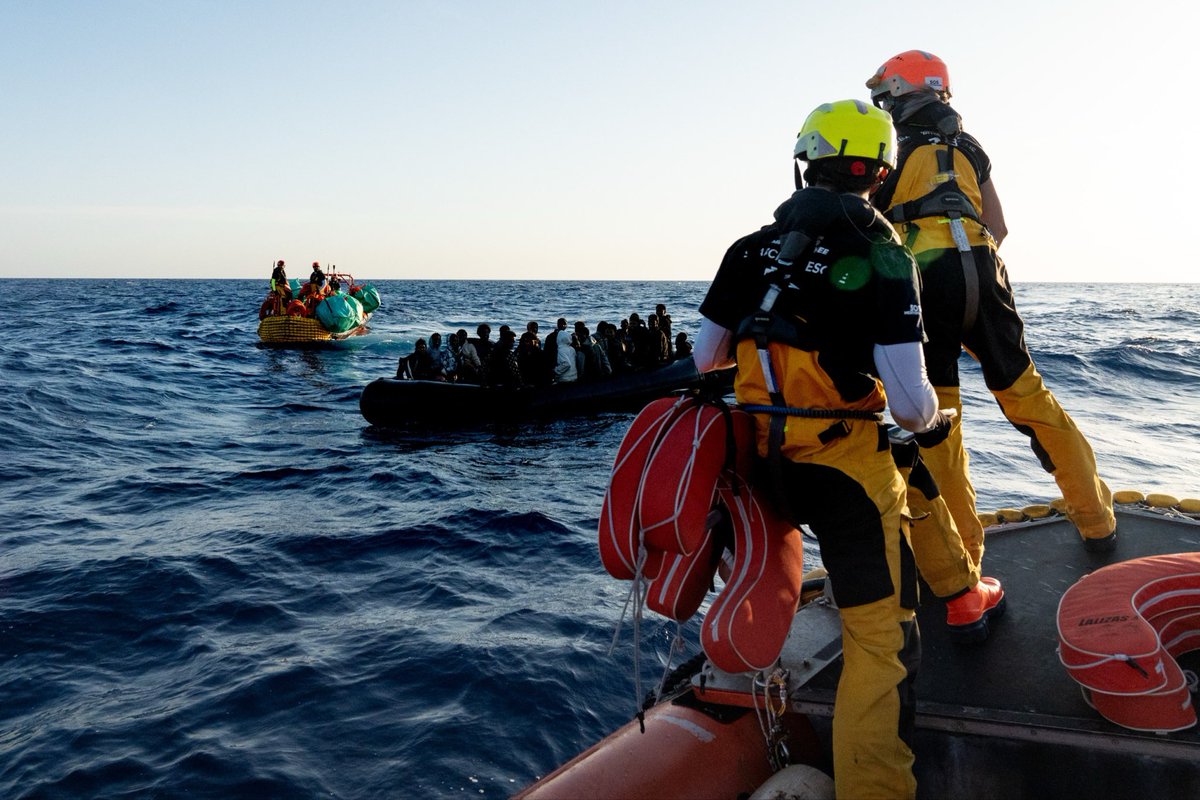 SOSMedIntl's tweet photo. Responding to a second Alarm Phone alert, our teams rescued 41 people this morning from a partially deflated rubber boat in the Maltese SRR: 18 men, 7 women and 16 unaccompanied minors. They reported two nights without food or water and are recovering on #OceanViking. https://t.co/Wa4JrxPiAa