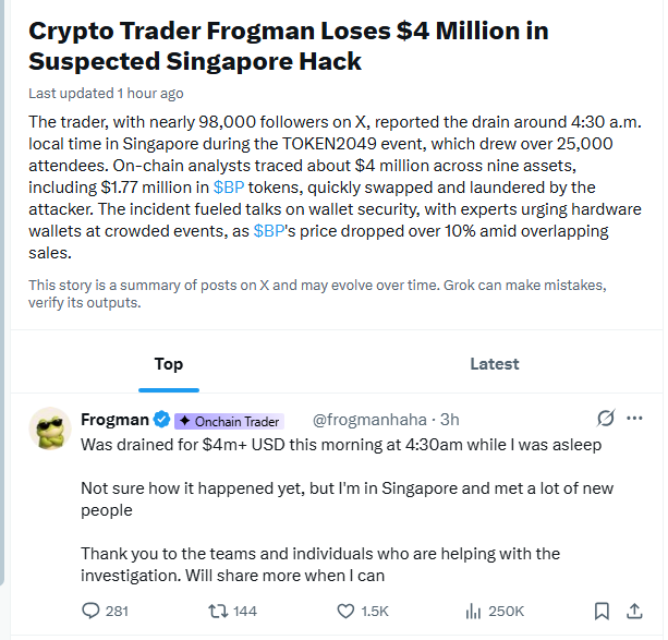 _ohhyesi's tweet photo. Sympathy is a catalyst, not a business model

The hack is real. The loss is real. Around $4M gone from Frogman’s wallet. The anger is real too. That’s why $FROGMAN spread so fast.

ca: `9yfiomKJ2fdHiZQ3MK9AJniu8eR2eSjCzfMEo1zXpump`

But a sympathy meme isn’t a relief fund. The “fees go to Frogman” line is unverified. The Musk angle is unverified. Strip those out and you’re left with pure attention.

My watch: does Frogman engage? Does the community keep producing? Does the event stay in the feed? If yes, it can grow. If no, it fades like any headline coin.

OKX: https://t.co/uYAXMxIJxs

DYOR. NFA.