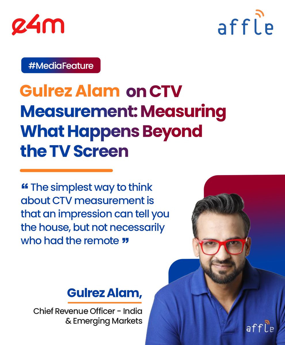 affle's tweet photo. In his latest conversation with @e4mtweets, Gulrez Alam, Chief Revenue Officer – India &amp; Emerging Markets, @affle, looks at challenges shaping CTV measurement today.

Read the full conversation here: https://t.co/TDmkpTX1hy https://t.co/gGWyXarb25