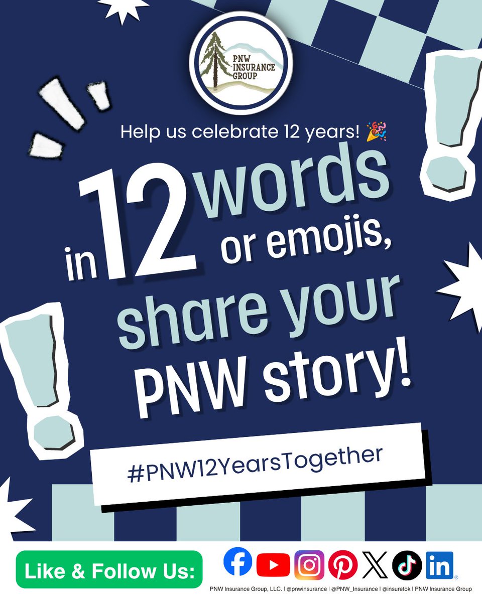 PNW_Insurance's tweet photo. 🎉 PNW Insurance Group is turning 12! 💙🌲

12 years of protecting what matters, building relationships, and serving our community. 🥰

In 12 words or emojis, tell us how PNW has impacted your life! 👇💬

🎂 Celebrate with us! #PNW12YearsTogether #PNWTurns12 #PNWInsuranceGroup https://t.co/J6kQFqwrB7