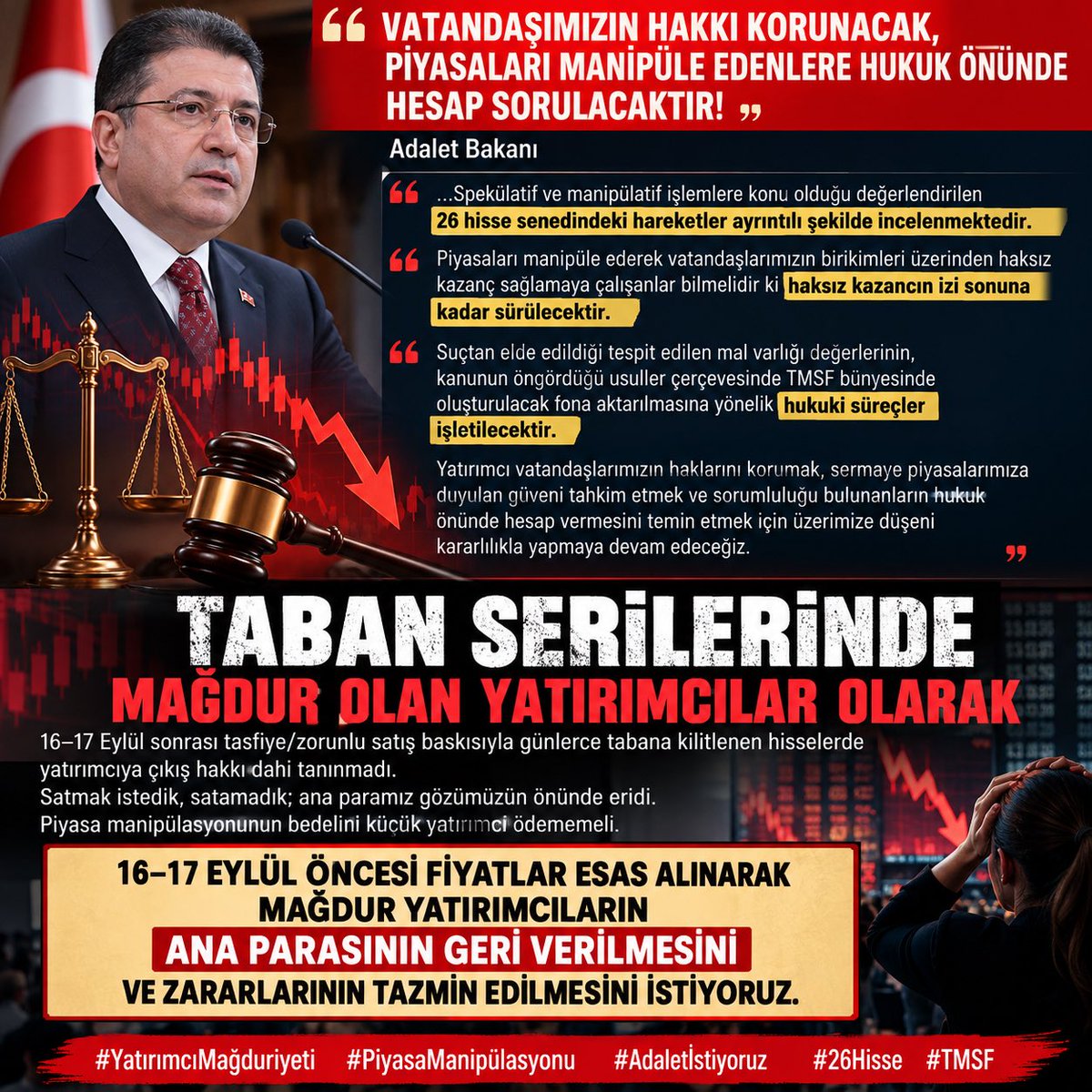Borsaayuer's tweet photo. BİZ MANİPÜLASYON HİSSE SENETLERİ MAĞDURLARIYIZ !🔴

Manipülasyon iddialarına konu hisselerde günlerce tabana kilitlendik. 
Satmak istedik, SATAMADIK. Birikimlerimiz gözümüzün önünde eridi.

Sorumlular cezalandırılırken faturası hisse sahibi küçük yatırımcıya bırakılamaz.
16–17 Eylül öncesi değerler esas alınarak mağdur yatırımcıların —hissesini zararına satmak zorunda kalanlar dâhil— zararlarının tazminini istiyoruz.

Haksız kazanç geri alınacaksa, mağdurun hakkı da geri verilmelidir!

#YatırımcıMağduriyeti #BorsaMağdurları #AnaParamızıİstiyoruz #ZararımızTazminEdilsin #PiyasaManipülasyonu #KüçükYatırımcı #SPK #TMSF #Borsaİstanbul #DSTKF #Adaletİstiyoruz #YatırımcıHakkı @nowhaber @memetsimsek @abakingurlek @ProfDemirtas @spkgovtr @halktvcomtr @gazetesozcu @RusenPress #TeraVeHisseMağdurları Paramızı #terahisseleriaileleriyıktı #TeraHisselerindeANAPARA #tt #çarşamba Hisselerde #spk #ösym #1MilyonUstuneANAPARA