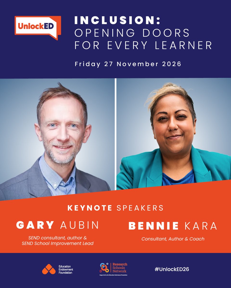 DurringResearch's tweet photo. A conference about Inclusion🎟️Get your tickets https://t.co/yKs1nJEHfl

With schools preparing to publish their inclusion strategies, this timely conference brings together the evidence base, strategic thinking and classroom practice needed to open doors for every learner. https://t.co/rKcu7ooyQl