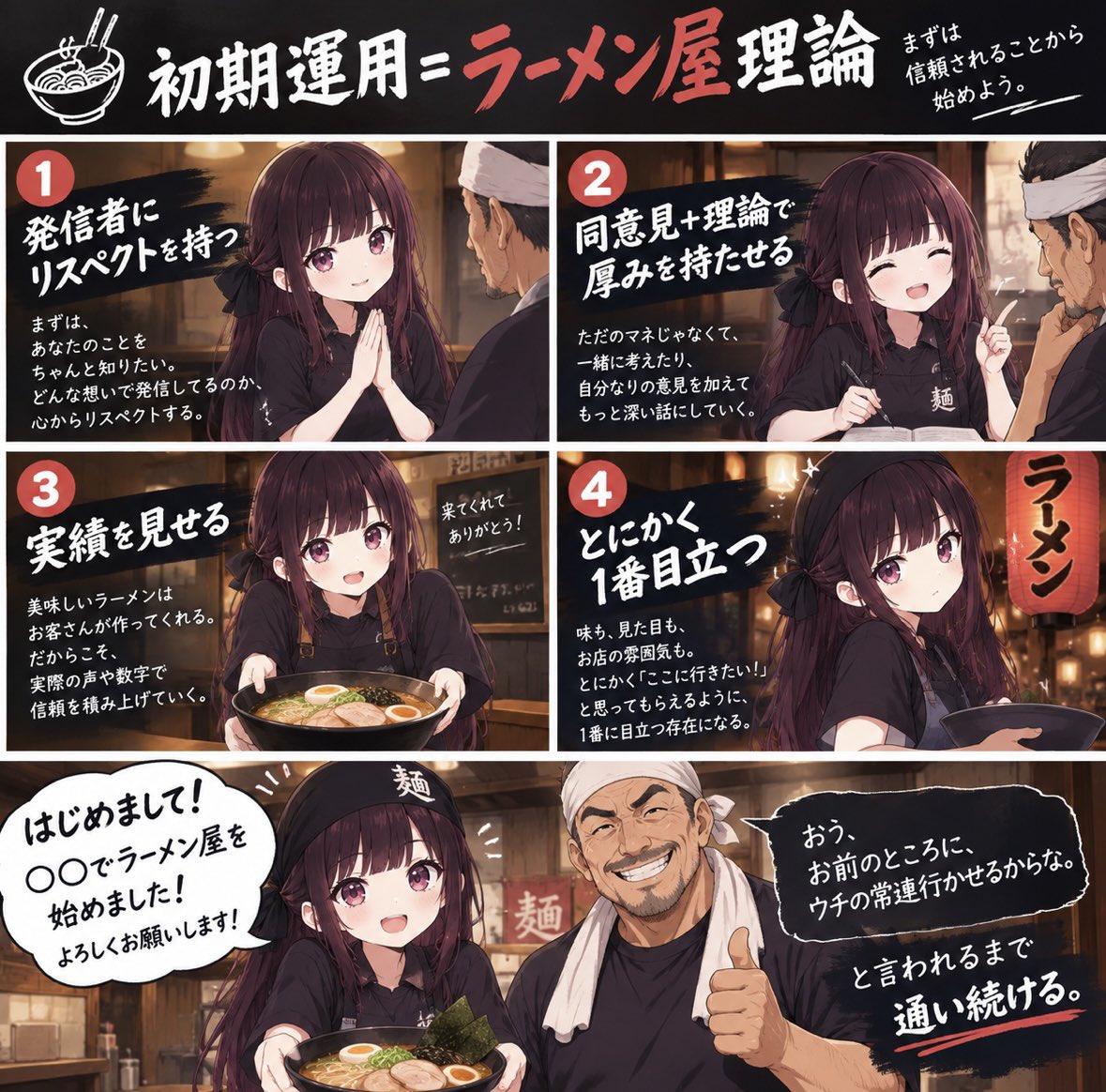 chihiro_moz's tweet photo. 「ラーメン屋理論」を資料にまとめました🍜

SNSも、画面の向こうは人。 まず相手を立てて、通い続ける。

初期運用で迷っている方に、見てもらえたら嬉しいです📄 https://t.co/wisU7o8neE