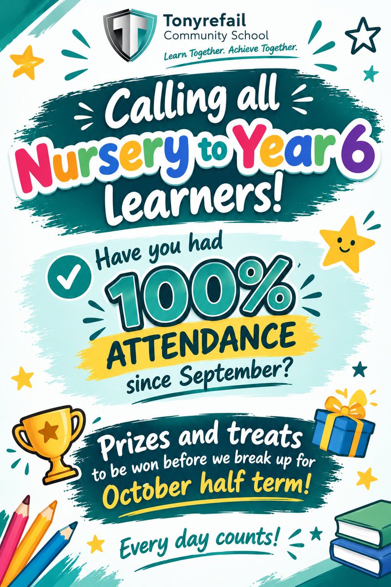 TonyrefailCS's tweet photo. 🌟 CALLING ALL NURSERY TO YEAR 6 LEARNERS! 🌟

Have you had 100% attendance since September? 👀👏

We want to celebrate our fantastic attendance, and there are prizes and treats to be won before we break up for the October half term! 🎉🏆🍬

💚 Keep up the amazing attendance https://t.co/KUzfE5ZiuW