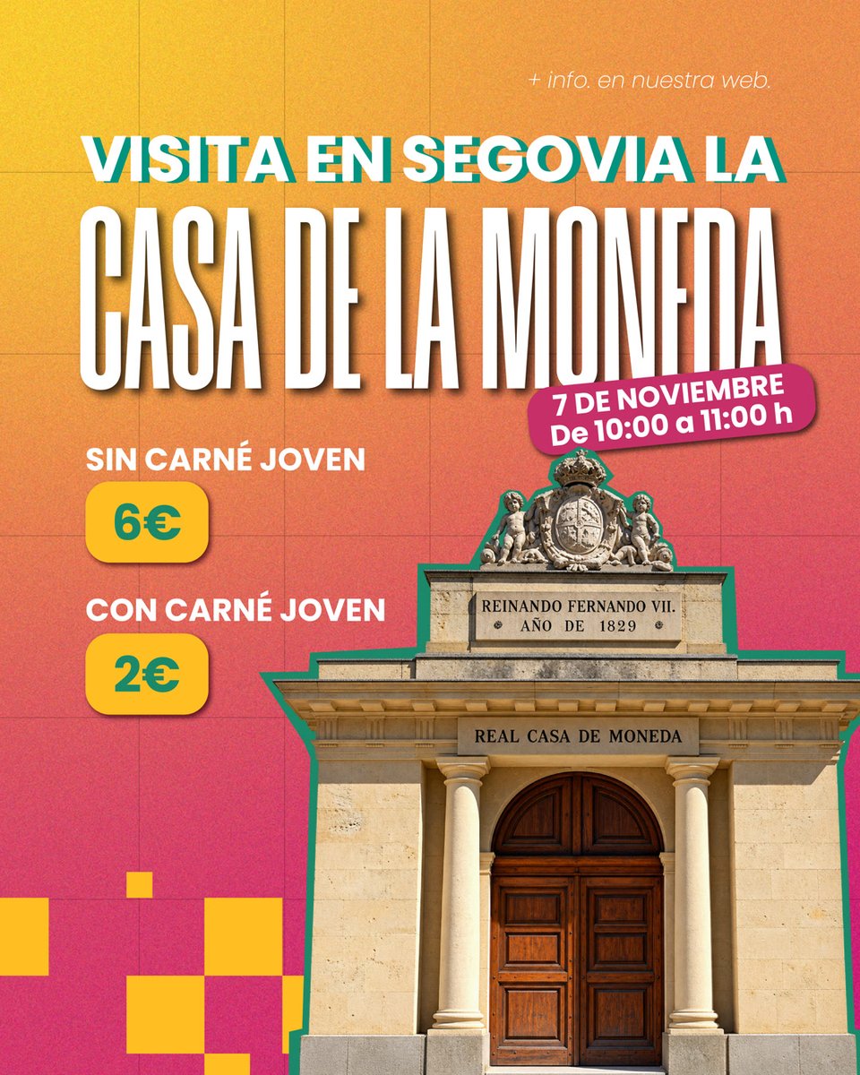CarnejovenCYL's tweet photo. 🪙🏛️ Visita guiada a la Real Casa de la Moneda de Segovia
🗓 7/11
🕒 10:00 h
👥 Plazas limitadas
💸 2 € con Carné Joven | 6 € sin Carné Joven
👉 Inscripción en https://t.co/78T0yGw2JN
#Segovia #RealCasaDeLaMoneda #VisitaGuiada #Cultura #CarnéJoven #CarnéJovenCyL https://t.co/rFHxBVdJcC