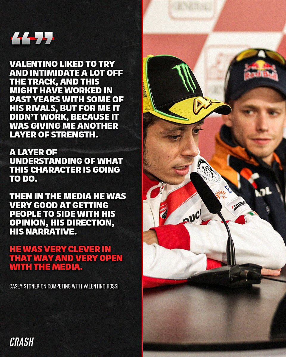 crash_motogp's tweet photo. Casey Stoner reveals how Valentino Rossi’s infamous mind games ultimately backfired, unexpectedly fueling his competitive edge rather than breaking his focus. #MotoGP #ValentinoRossi #CaseyStoner https://t.co/nxx2GDrVVG