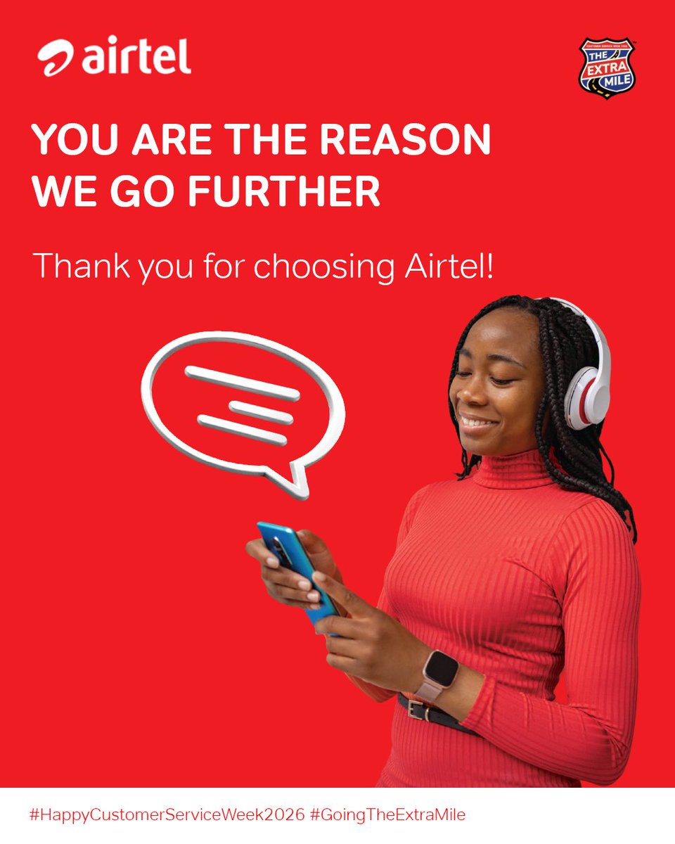 AirtelNigeria's tweet photo. To every customer who keeps us going, thank you for choosing Airtel. ❤️

Here’s to going the extra mile for you, today and every day.

Happy Customer Service Week!  

#HappyCustomerServiceWeek2026
 #GoingTheExtraMile 
#AirtelNigeria https://t.co/6xhL3LugdD