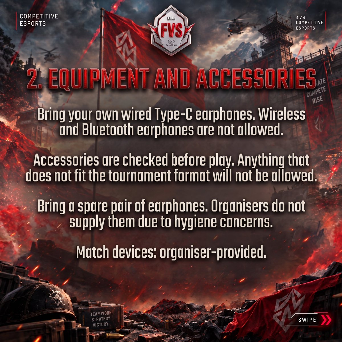 FAUGDomination's tweet photo. Rules to follow and abide by for all FVS players.

Let's make the tournament fair and friendly for everyone.🤝🫂

Also check the expanded post below..

#FAUGDomination #FVS #MilitaryShooter #MadeinIndia https://t.co/HK9EReeOXX