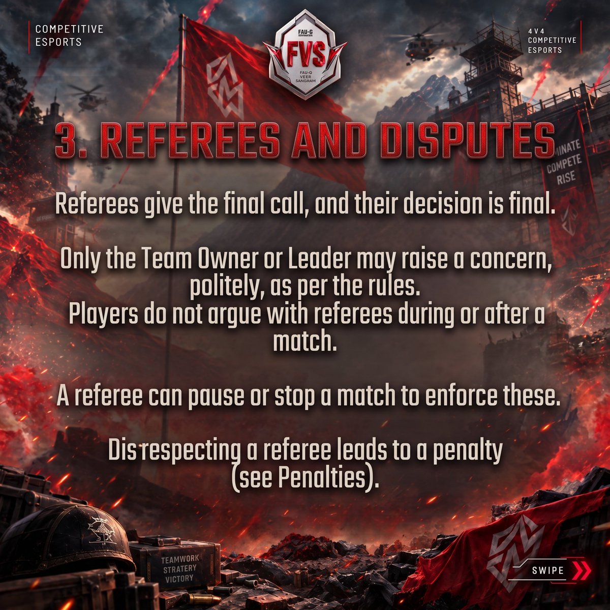 FAUGDomination's tweet photo. Rules to follow and abide by for all FVS players.

Let's make the tournament fair and friendly for everyone.🤝🫂

Also check the expanded post below..

#FAUGDomination #FVS #MilitaryShooter #MadeinIndia https://t.co/HK9EReeOXX