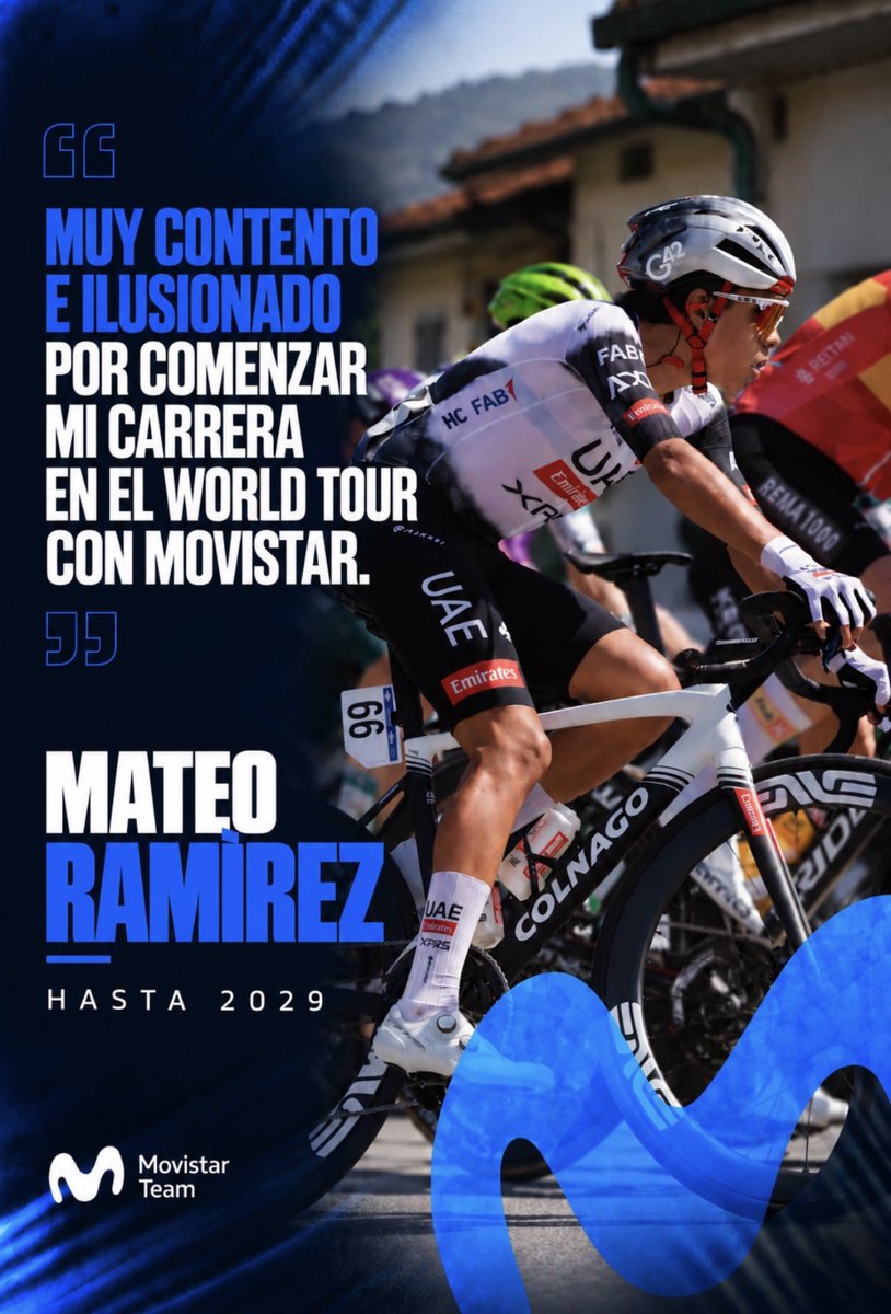 Movistar_Team's tweet photo. 🆕 ¡Nuevo fichaje!

🇪🇨 Mateo Ramírez se incorpora al Movistar Team a partir de 2027.

⛰️ El talentoso escalador ecuatoriano llega tras brillar en el calendario sub-23 y firma hasta 2029.

💙 ¡Bienvenido!

🔗 https://t.co/cdUzw3uTnM 

#RodamosJuntos | @movistar_es https://t.co/dOszgzF7Do