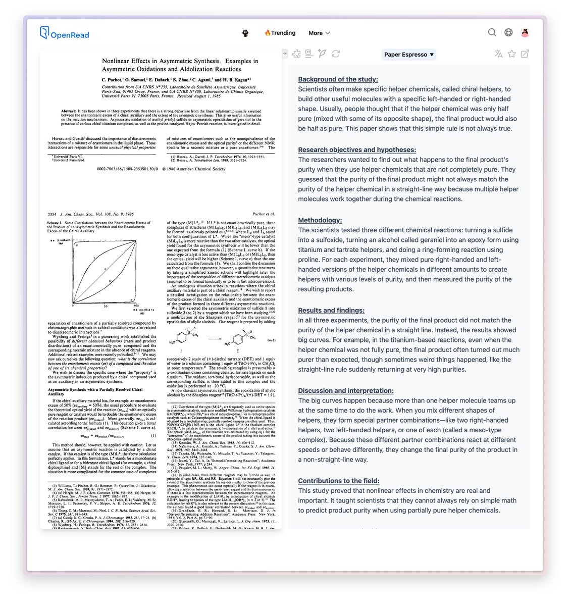 BensenHsu's tweet photo. Congratulations to Henri B. Kagan and Kenso Soai!

Henri B. Kagan's most renowned paper:
• Nonlinear effects in asymmetric synthesis. Examples in asymmetric oxidations and aldolization reactions

Kenso Soai's most renowned paper:
• Asymmetric autocatalysis and amplification of enantiomeric excess of a chiral molecule

Kagan discovered that in some reactions, making a catalyst only a little more “left-handed” or “right-handed” can make the product much more strongly one-handed than expected.

Soai discovered a chemical reaction in which a molecule helps make more copies of itself and can magnify an almost invisible preference for one mirror-image form into an overwhelmingly one-sided mixture.