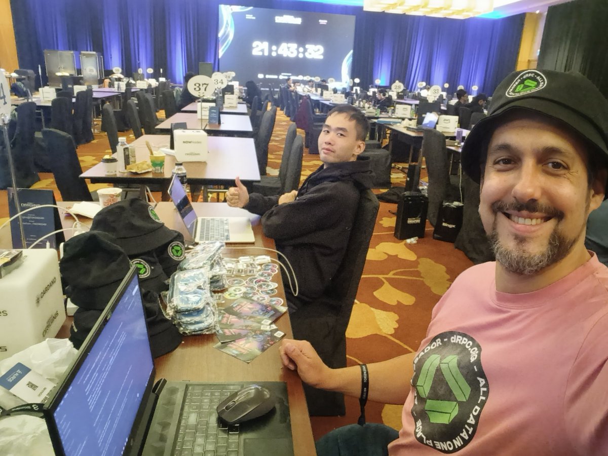 dRPCorg's tweet photo. ⚡ 100+ hackathons in and apparently coding speed isn’t the only thing dRPC’s 100 Hackathon Man likes to compete on.

Armando is at the Origins Hackathon at @TOKEN2049 Singapore, sponsored by @Cardano, @solana, and @chainlink, hacking, helping builders with their RPC infra, and making his mark on the Strike Speed leaderboard. 🥊

Building this weekend? Find @armsves for instant access to 220+ networks with NodeCloud, your own open-source, self-hosted RPC setup with NodeCore, or a few hard-earned tips from 100+ hackathons.

And the essentials are covered: “Don’t talk to me” bucket hats, “Coding in my head” sleep masks, and “Don’t peep on me” webcam covers included.

Now back to climbing that leaderboard. 👀

#TOKEN2049Origins