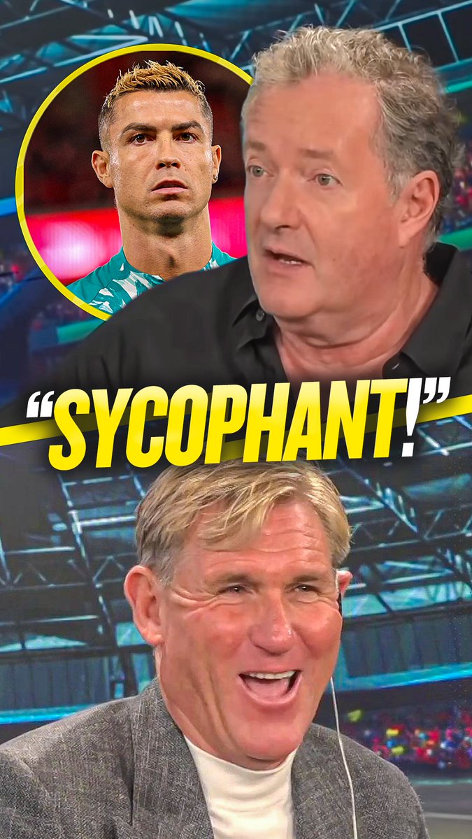 The image is a split graphic featuring Piers Morgan in the top half and a circular inset of Cristiano Ronaldo, with the word "SYCOPHANT!" in bold yellow text between them, while the bottom half shows Simon Jordan appearing to laugh or speak animatedly in a stadium setting. The post apologizing to "Sjopinion10" suggests this image is a reaction to a debate loss, using the loaded "sycophant" label to mock the recipient's perceived stance toward Ronaldo.
