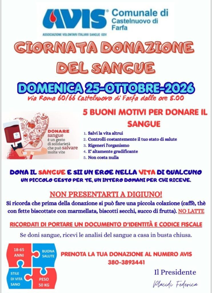 SabiniaTV's tweet photo. IL 25 OTTOBRE DOMENICA DI DONAZIONE DI SANGUE CON L’AVIS DI CASTELNUOVO DI FARFA
https://t.co/gBKSEXXk0S https://t.co/0qpeqH4doO
