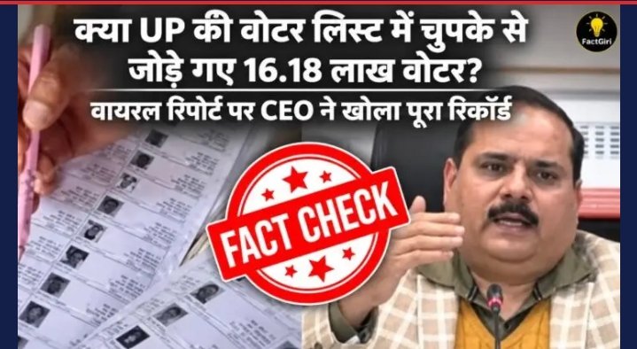 Shadzcp's tweet photo. The Reporters’ Collective के भ्रामक दावों का फ़ैक्ट चेक के जरिए पर्दाफाश हो चुका है। चुनाव आयोग ने स्पष्ट कर दिया कि यूपी क�� वोटर लिस्ट में कोई सीक्रेट वोटर नहीं है। 16.18 लाख नाम तय नियमों के तहत जुड़े हैं, संस्थाओं को बदनाम करने का खेल बंद होना चाहिए।
https://t.co/r93cdlDk3q