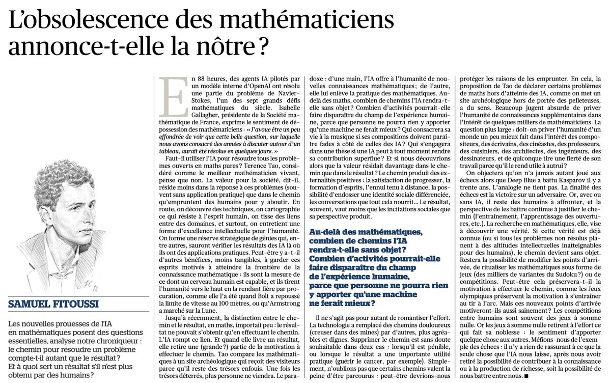 SamuelFitouss10's tweet photo. Open AI vient d'annoncer la résolution de centaines de nouveaux problèmes de mathématiques par des agents IA. Il y a quelques semaines, j'écrivais ceci dans Le Figaro : https://t.co/xA9I3WRvzC
