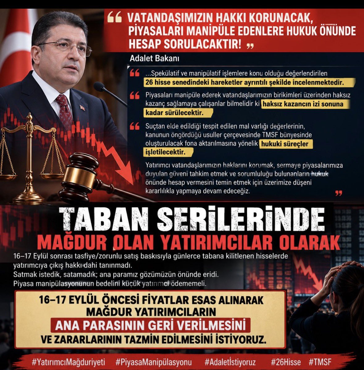 cengizk's tweet photo. 🔴 BİZ HİSSE MAĞDURLARIYIZ!

Manipülasyon iddialarına konu hisselerde günlerce tabana kilitlendik. Satmak istedik, SATAMADIK! Birikimlerimiz eridi.

Sorumlular cezalandırılırken fatura küçük yatırımcıya kesilemez.

16–17 Eylül öncesi değerler esas alınsın, zararlarımız tazmin edilsin!

Haksız kazanç geri alınıyorsa, MAĞDURUN HAKKI DA GERİ VERİLSİN!

#BorsaMağdurları #AnaParamızıİstiyoruz #TeraVeHisseMağdurları #SPK #TMSF #KTLEV