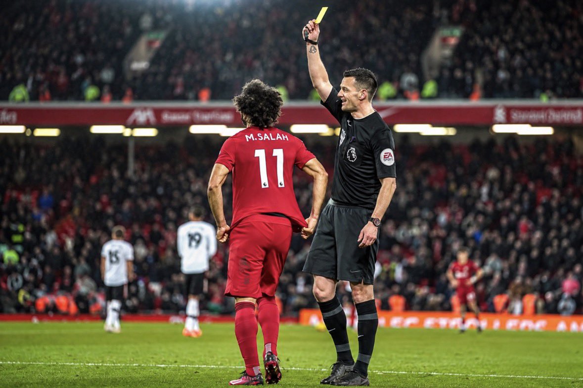 AlexIsakeraa's tweet photo. Since joining Liverpool, Mo Salah has more yellow cards from celebrating goals against Man United at Anfield than Man United have goals at Anfield. https://t.co/dbXskcertv