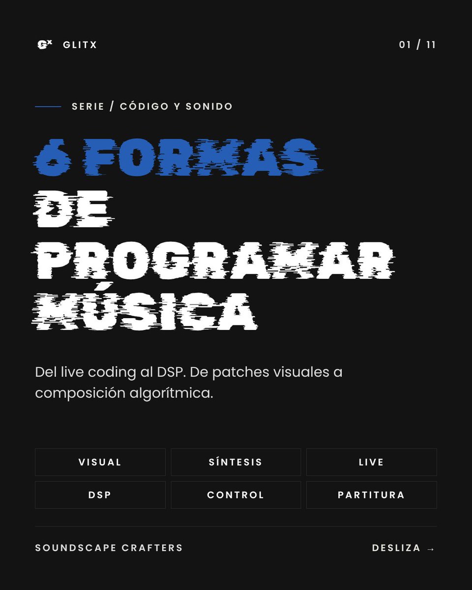 glitx_fm's tweet photo. Programar música no es una sola cosa.

Puedes conectar objetos en un patch (Max, Pure Data), escribir el sinte línea por línea o improvisar código en vivo.

Te dejamos un mapa con 6 formas y sus herramientas. #Glitxtober https://t.co/TL1OKG3S7g