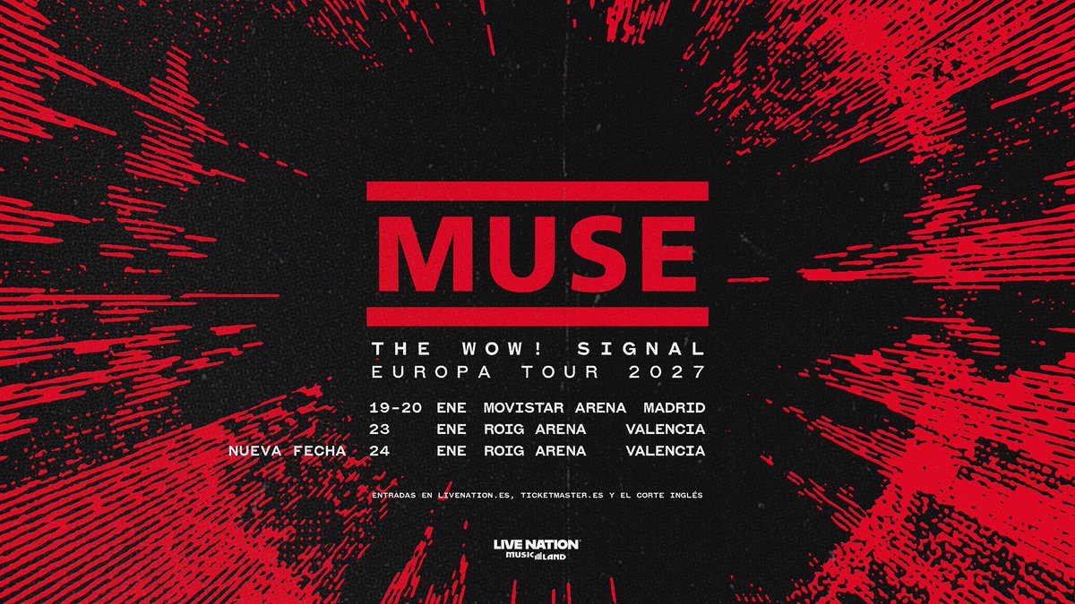 LiveNationES's tweet photo. 🔥 Debido a la alta demanda, se suma una nueva fecha en Valencia el 24 de enero de 2027 en Roig Arena.
 
¡Será la última fecha que se añade al tour en España y el cierre de gira en Europa!
 
🎫 Entradas a la venta general mañana 8 de octubre a las 9h en https://t.co/fcgL2YdZ9e https://t.co/2yaCK3kxMo
