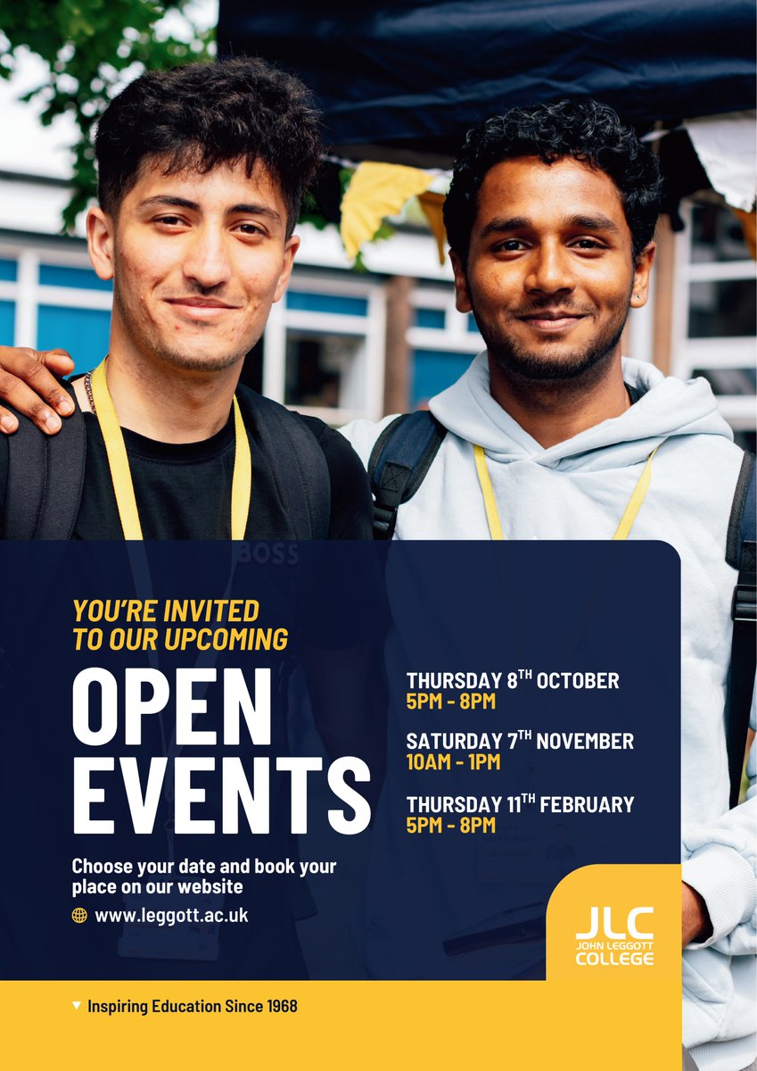 OAWintringham's tweet photo. Thinking of your next steps after school? Join one of the upcoming Open Events at @JohnLeggottColl to explore courses, meet staff and discover where your future could take you.
Book your place: https://t.co/POyOyYdLgX
#OpenEvent #SixthForm #FutureReady https://t.co/eawXqsCs4a