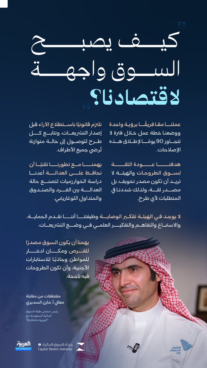 CGCSaudi's tweet photo. "هدفنا أن يكون السوق واجهةً لاقتصاد المملكة"؛ معالي رئيس مجلس هيئة السوق المالية السعودية في مقابلة مع "العربية Business".