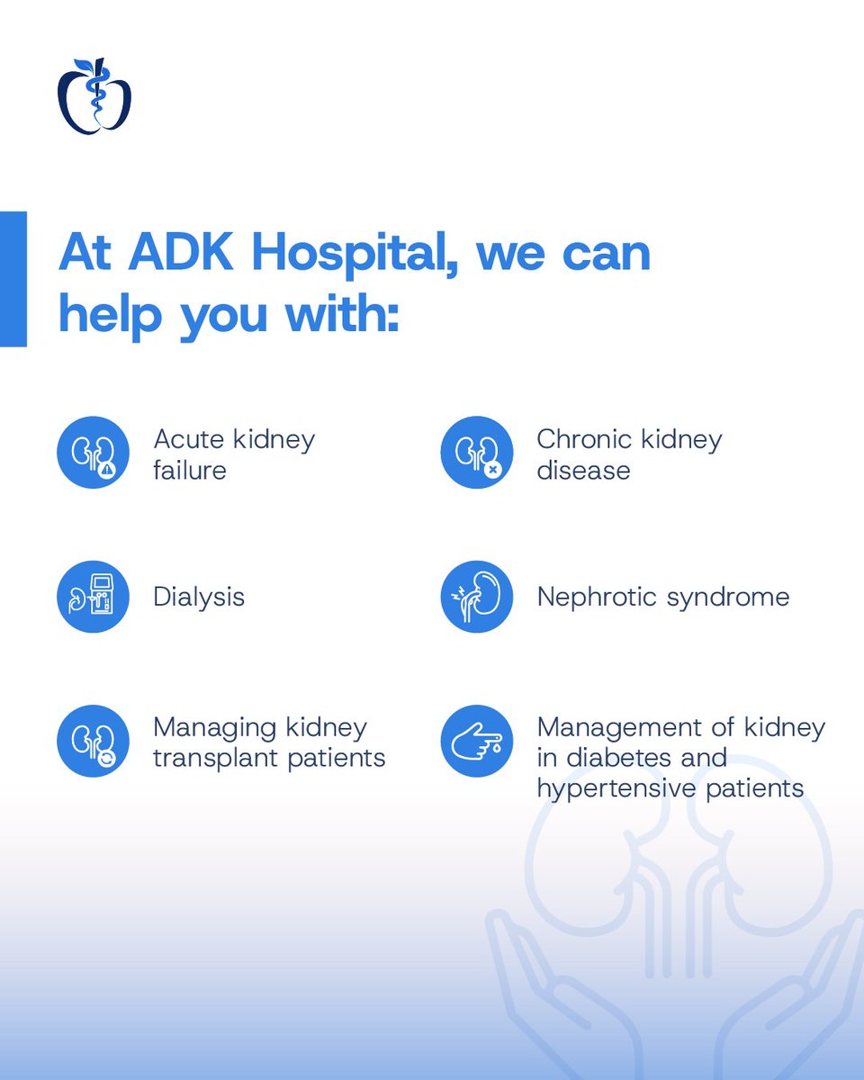 ADKHospital's tweet photo. Nephrology isn't just about treating advanced disease—it’s a wide spectrum of specialized care designated to protect your body's natural filtration system. From managing the root causes of kidney stress (like diabetes and hypertension) and designing custom kidney-friendly diets, to providing life-saving dialysis and guiding patients through the transplant journey, we are dedicated to every aspect of renal care.

If you or a loved one are navigating kidney health, knowing your options and having the right specialists in your corner makes all the difference.

#ADKHospital #KidneyHealth #Dialysis #CaringForYou