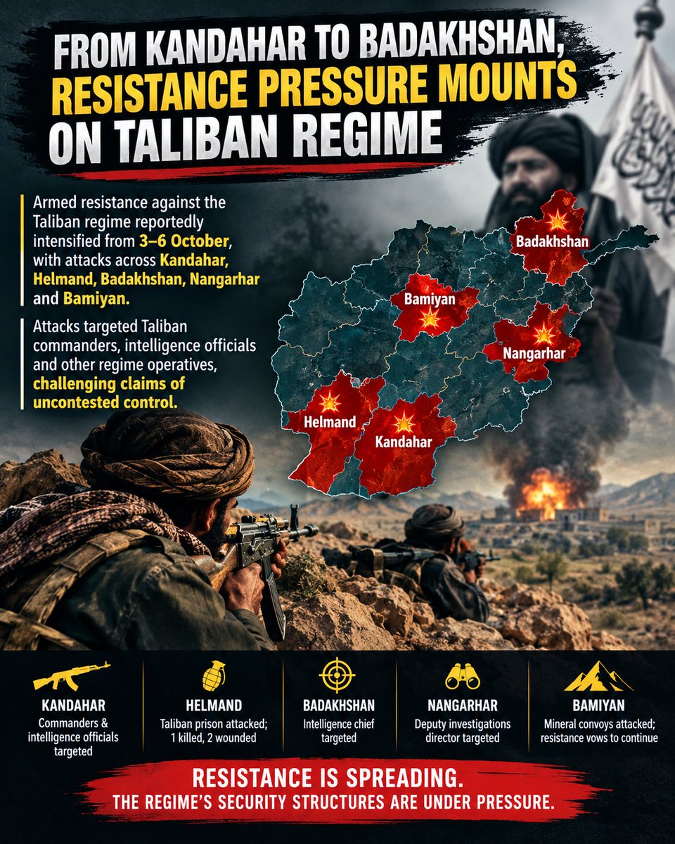 ItsRabiaSoomro's tweet photo. From Kandahar to Badakhshan, Helmand, Nangarhar and Bamiyan, armed resistance against the Taliban regime reportedly intensified from 3–6 October. Attacks targeted Taliban commanders, intelligence officials and other regime operatives, challenging claims of uncontested control.
#سپہ_سالار_تجھے_سلام