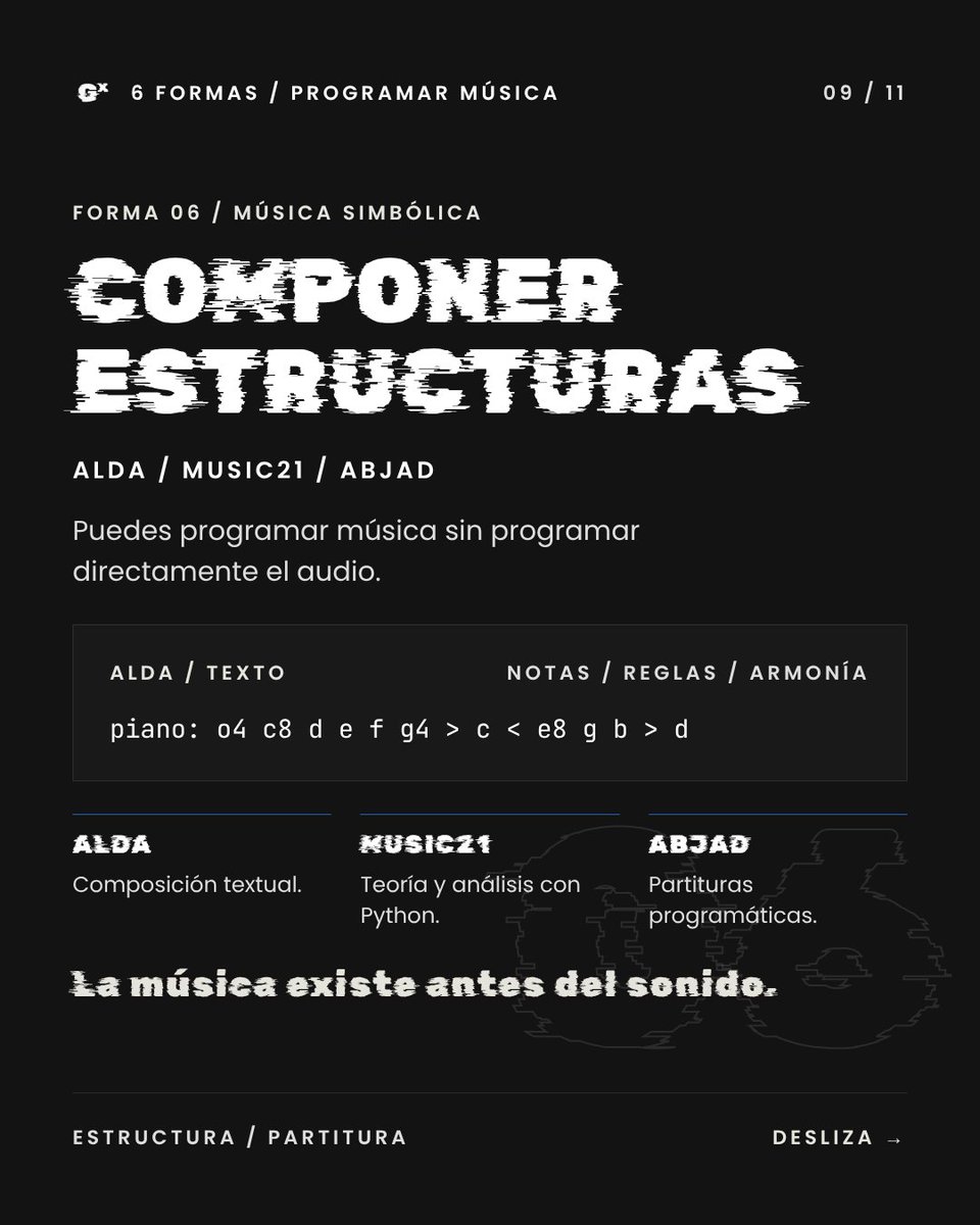 glitx_fm's tweet photo. Componer estructuras: Alda, music21, Abjad.

No hay una herramienta universal, hay distintas formas de pensar la música.

¿Cuál exploramos en el próximo episodio?
https://t.co/yTWlSq51Ky https://t.co/Zv8ZXPJUq8