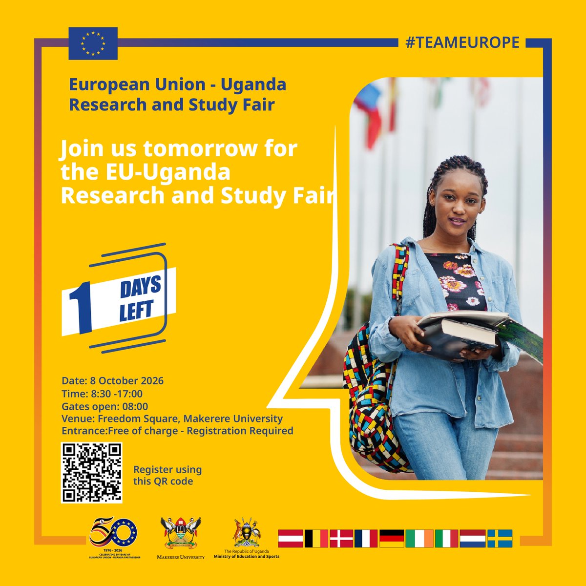 EUinUG's tweet photo. 🚨TOMORROW! 

Freedom Square @Makerere is about to get busy! 

Our #EUandUganda50 Research &amp; Study Fair brings together students, academics, researchers &amp; innovators to discover opportunities to study, research, connect &amp; grow in Europe. 🇪🇺🌍🇺🇬

🎟️ FREE ENTRY!
 Gates open 8:30AM! https://t.co/CyWX1LMYSf
