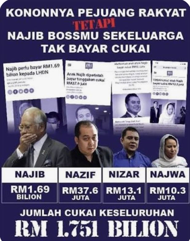 YangGorHero's tweet photo. Kenapa LHDN takut kat Najib dan anak Najib? Tak bayar cukai sudah bertahun tapi masih bebas!

LHDN tak berani rampas harta Najib dan anak anak! https://t.co/D3cq6iIDr1