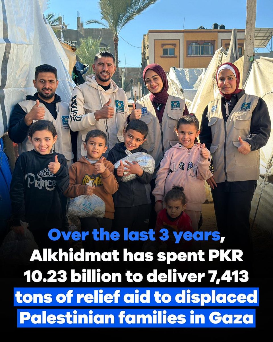 AlkhidmatOrg's tweet photo. Over the last three years, Alkhidmat has spent PKR 10.23 billion to deliver 7,413 tons of relief aid to displaced Palestinian families in Gaza.🇵🇸

From food and hot meals to water, medical aid and essential relief, we have stood with Gaza from Day One.

Three Years On, We Have Not Forgotten Gaza.

#NeverForgetGaza