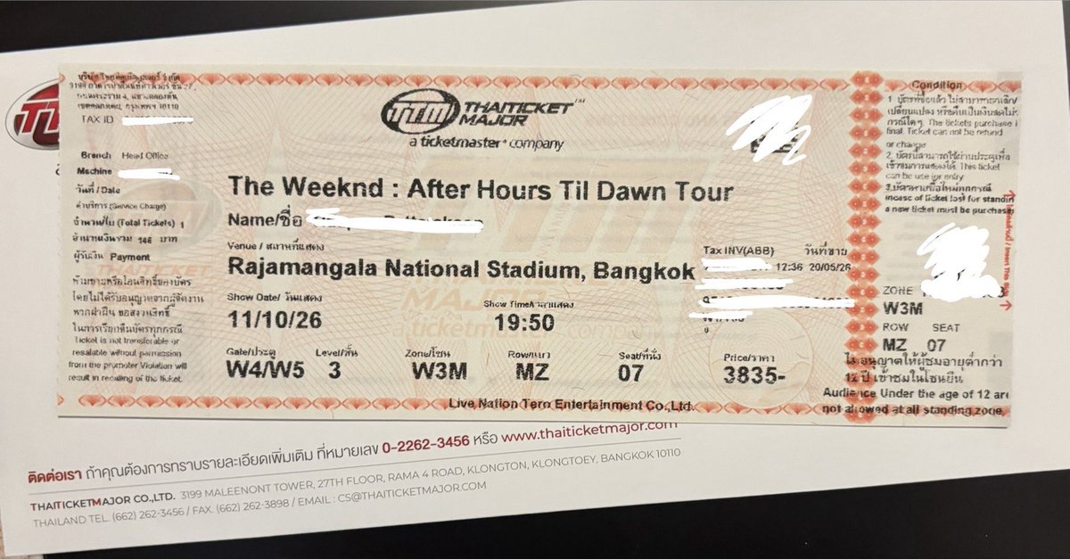 MmHmAhHa's tweet photo. ปล่อยบัตรวันที่11ค่ะ 
3500 จากหน้าบัตร
โซน W3M ฝั่งใต้หลังคาฝนตกไม่เปียกจ้า
นัดรับชนมือ bts/mrt

#TheWeekndLiveInBangkok #AfterHoursTilDawnTourBKK 
#TheWeeknd https://t.co/3tlOAMYoCP