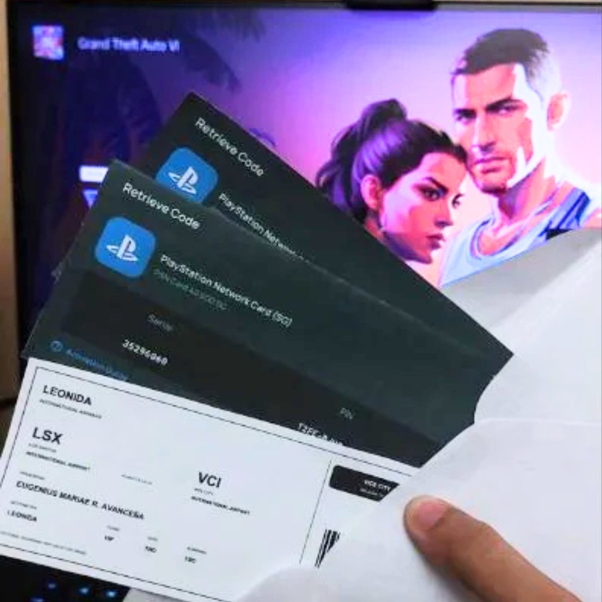 GTAlphaintel's tweet photo. A fan received a handmade Vice City boarding pass from his wife alongside PlayStation gift cards to preorder the game

The surprise reads "Departing: Los Santos, Arriving: Vice City" https://t.co/RX5FeqsAoE