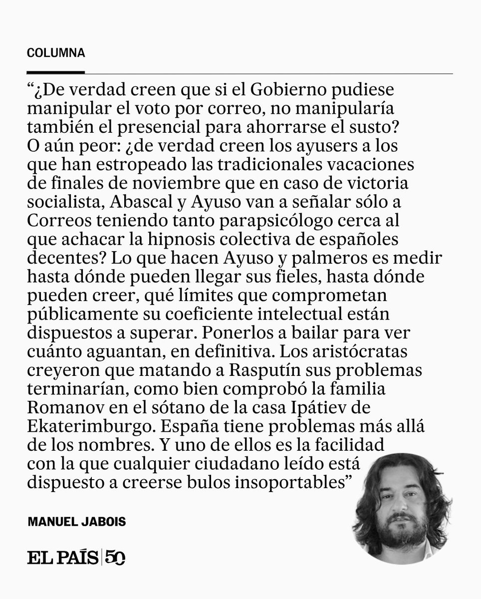el_pais's tweet photo. Columna | "Lo que hacen Ayuso y palmeros es medir hasta dónde pueden llegar sus fieles, qué límites que comprometan públicamente su coeficiente intelectual están dispuestos a superar", por Manuel Jabois https://t.co/2fv8eNxCHD https://t.co/9cYVUCSdkd